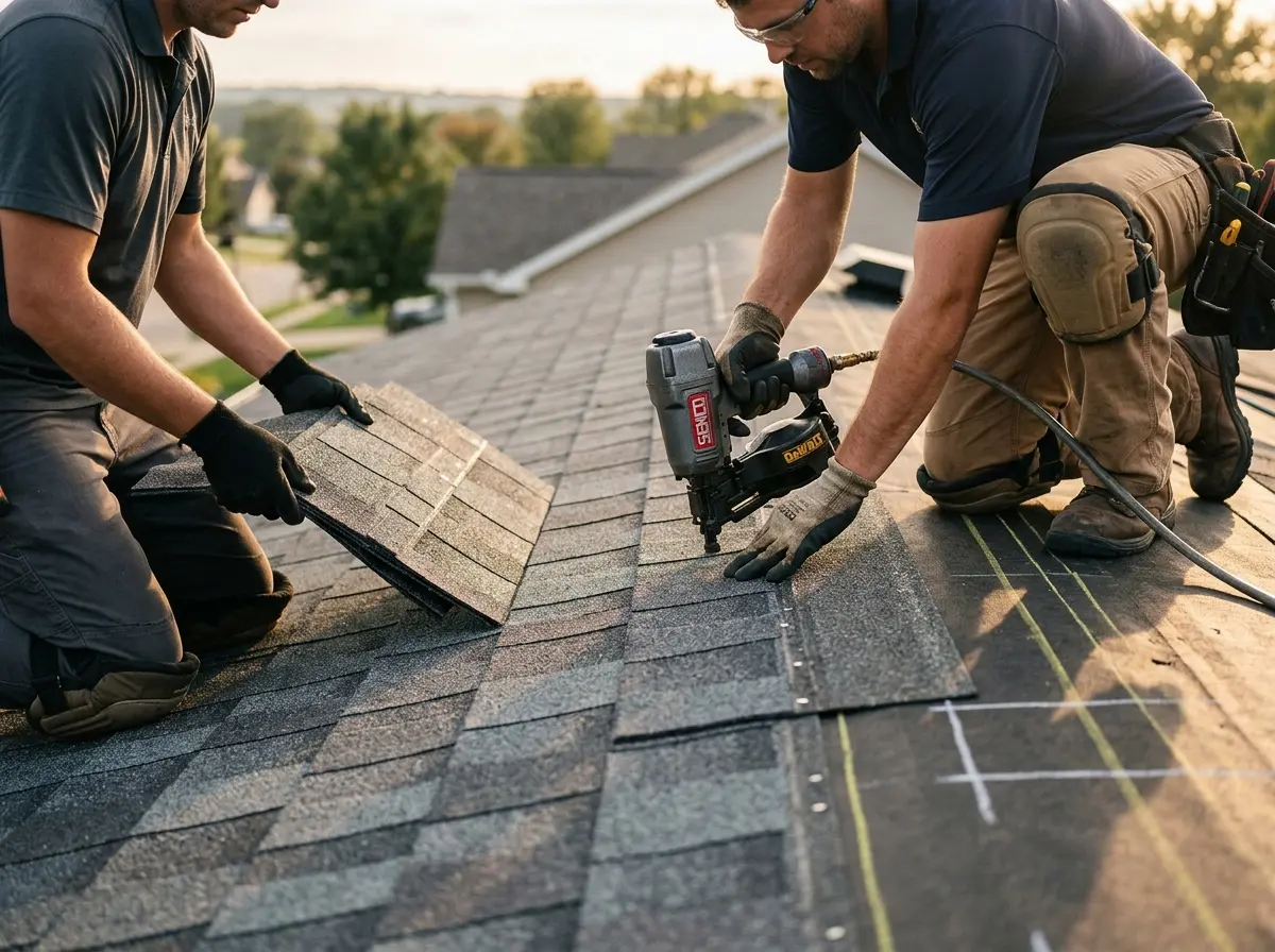 Professional roofer working on a residential roof in South Whitehall